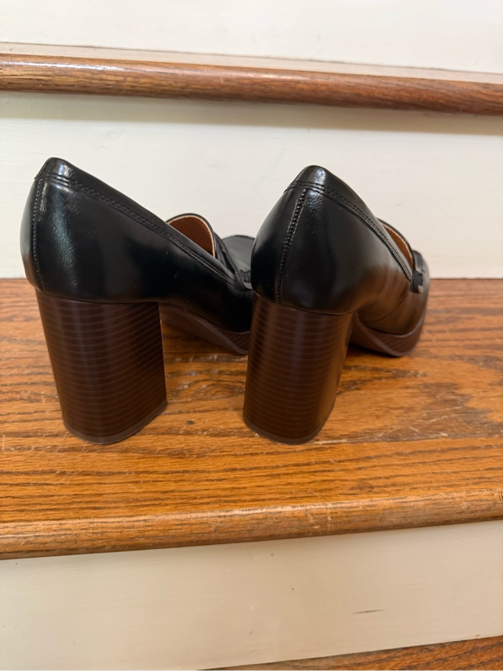 Nine West Black Leather Block Heel Penny Loafer Mary Jane Pumps Sz 8 Platform - Picture 5 of 13